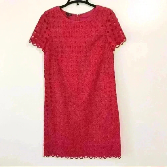 Talbots Red Eyelet Lace Overlay Short Sleeve Fitted Shift Dress - Picture 1 of 5